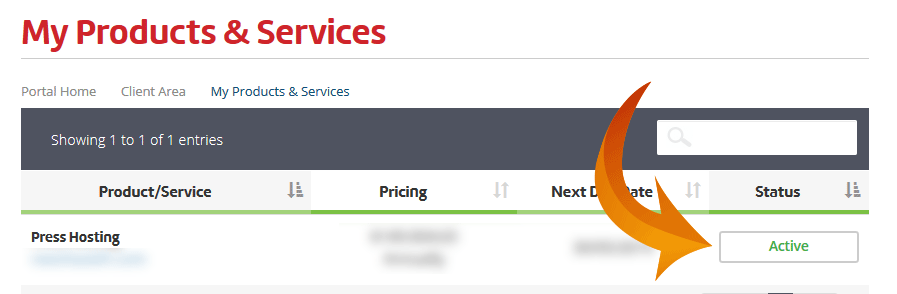 Screenshot of the Presshost portal Services Active button.